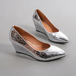 Spring Summer Wedges Heels Women Party Shoes Fashion Pointed toe Office Ladies Pumps Plus Size 42 Gold Silver Black D255