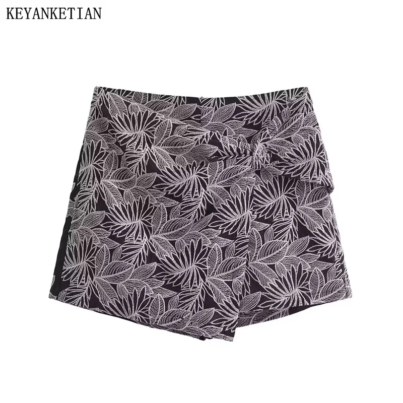 

KEYANKETIAN 2024 New Launch Women's Leaf Jacquard Embroidery Decoration Mini Skirt Front Knot Back Zipper Slim Pantskirt Shorts