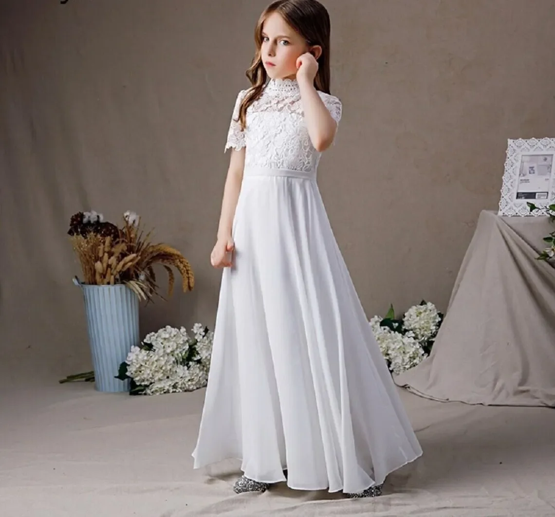 

White Lace Holy First Communion Dress High Neck Long Chiffon Flower Girl Dresses Short Sleeves Junior Bridesmaid Wedding Dresses