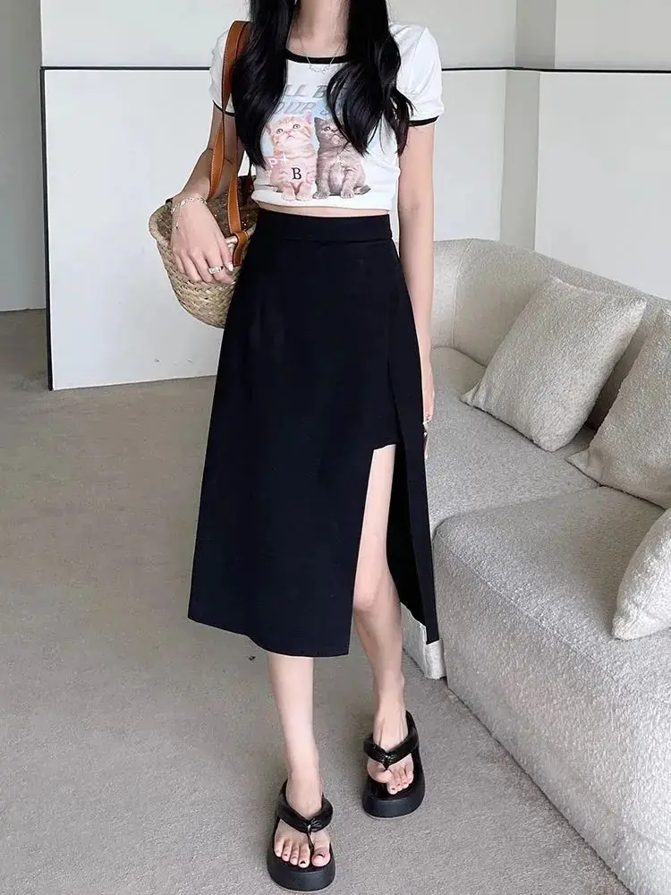 

Side slit suit skirt irregular fat high waist slim mid-length skirt Korean version A-line skirt for women High Strecth LOOSE FIT