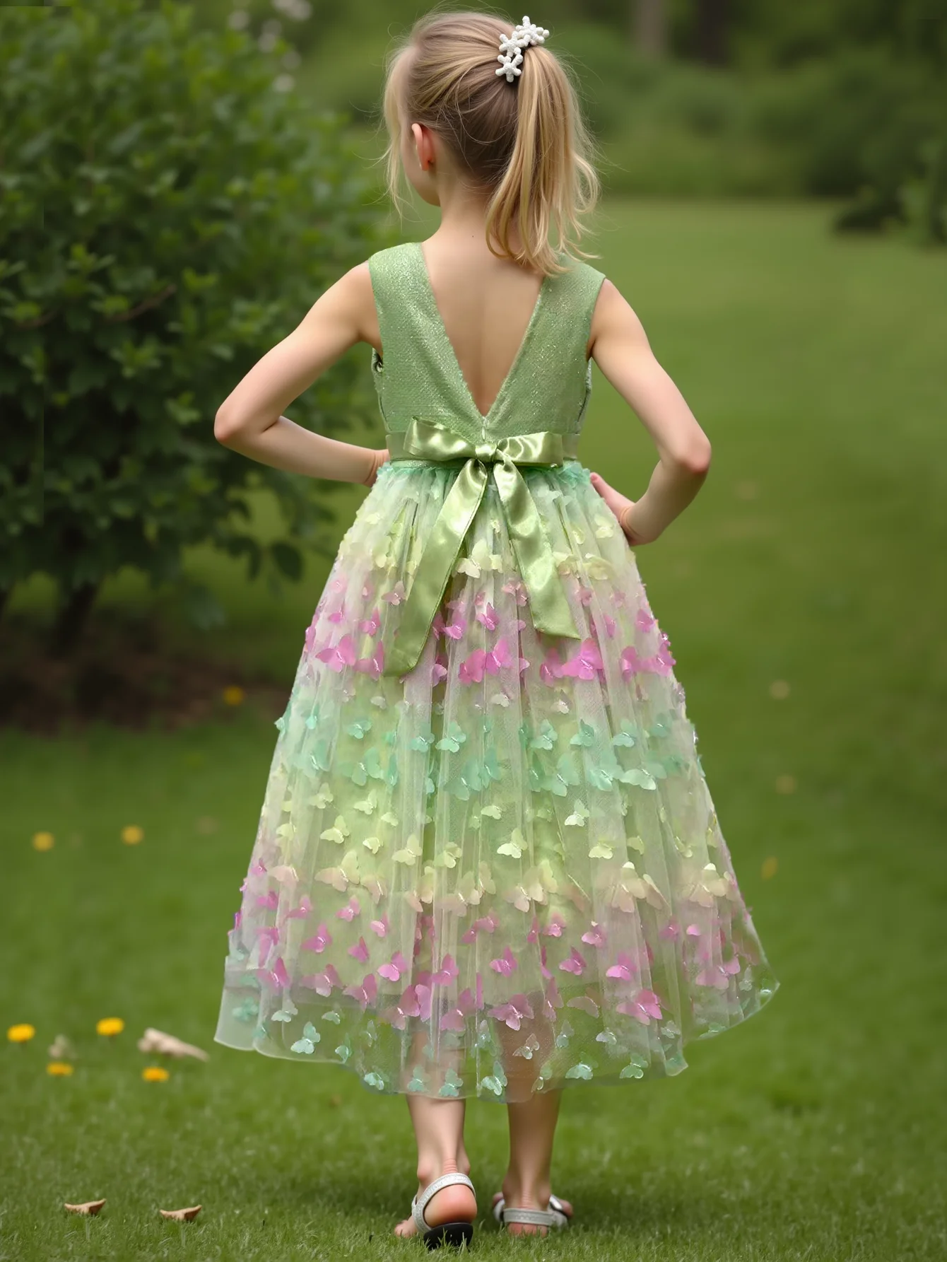 Girl\'s New Three-Dimensional Butterfly Sleeveless Mesh Bow Long Princess Dress Wedding Flower Girl Birthday Party Elf Dress
