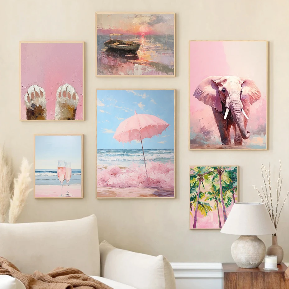 Modern Pastel Boat Sunset Coastal Beach Poster White Horse Champagne Glasses Prints Canvas Painting Wall Picture Home Room Decor