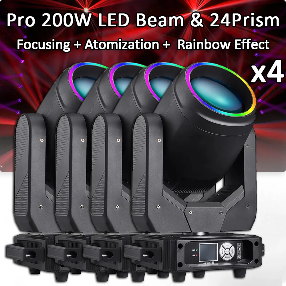 4Pcs/Lot Beam PRO 200W LED Moving Head Lighting and LED Ring & Frost For Wedding Concert DJ Disco Stage DMX Lights