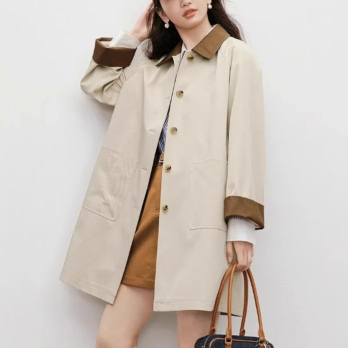 

Japanese-style Khaki Trench Coat Spring 2025 New Women's Clothing Barn Relaxed Fit Slimming Color-blocked Collar Mid-length Coat