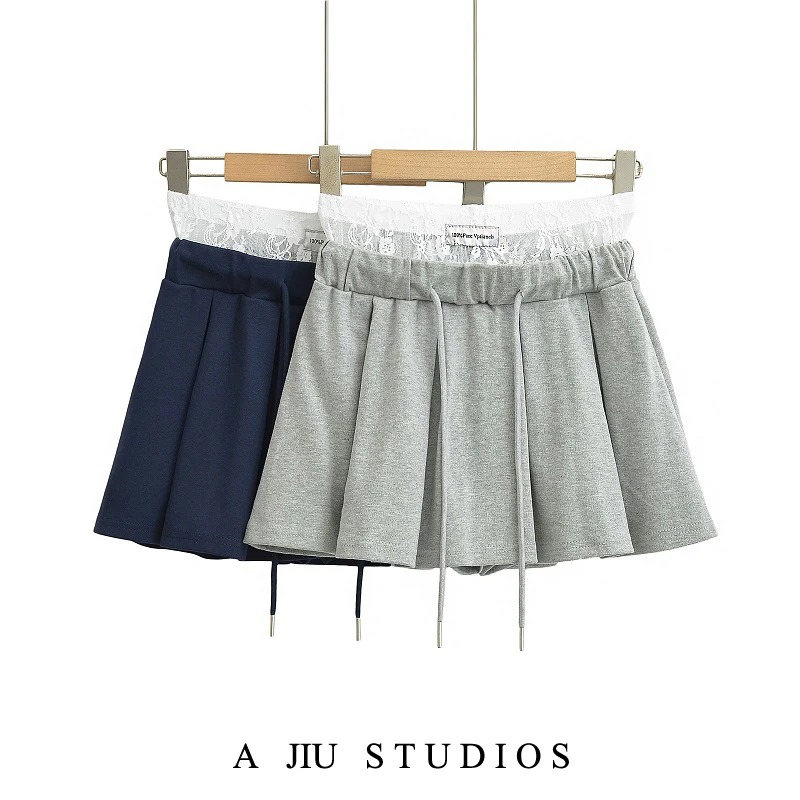 Pure Desire Lace Splice Double Waist Sexy Sport A-Line  Skirt Anti-Light Women's High Waist ort Skirt Sexy Sle Pleate...