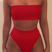 2 Pcs/Set Bikini Set Solid Color Beachwear Elastic High Waist Strapless Summer Lady Swimsuit for Swimming Swimwear