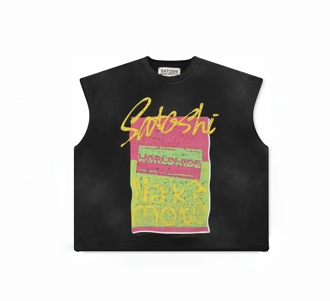 High Street Satoshi NakamotoCup Half Full Logo Rivet Women Men Vest T-shirt Oversized Men Casual T shirt No Sleeve Vest
