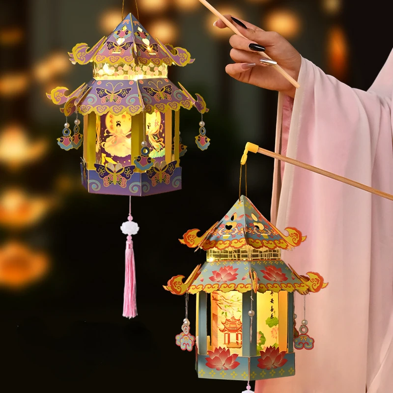 Mid Autumn Festival Lantern Palace Shape DIY Lantern Handmade Luminous Lamp Holiday Hanging Light Decor Birthday Gift Lanterns