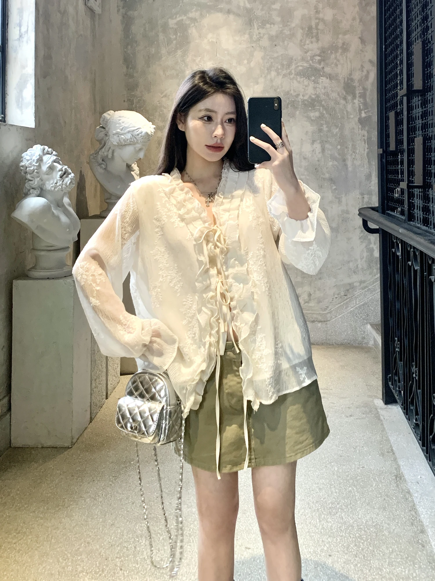 

Ele Lace Trim Blouse with Belt Spring Faion Casual Loose Fit Long Sve Women's irt with Flounce Hem