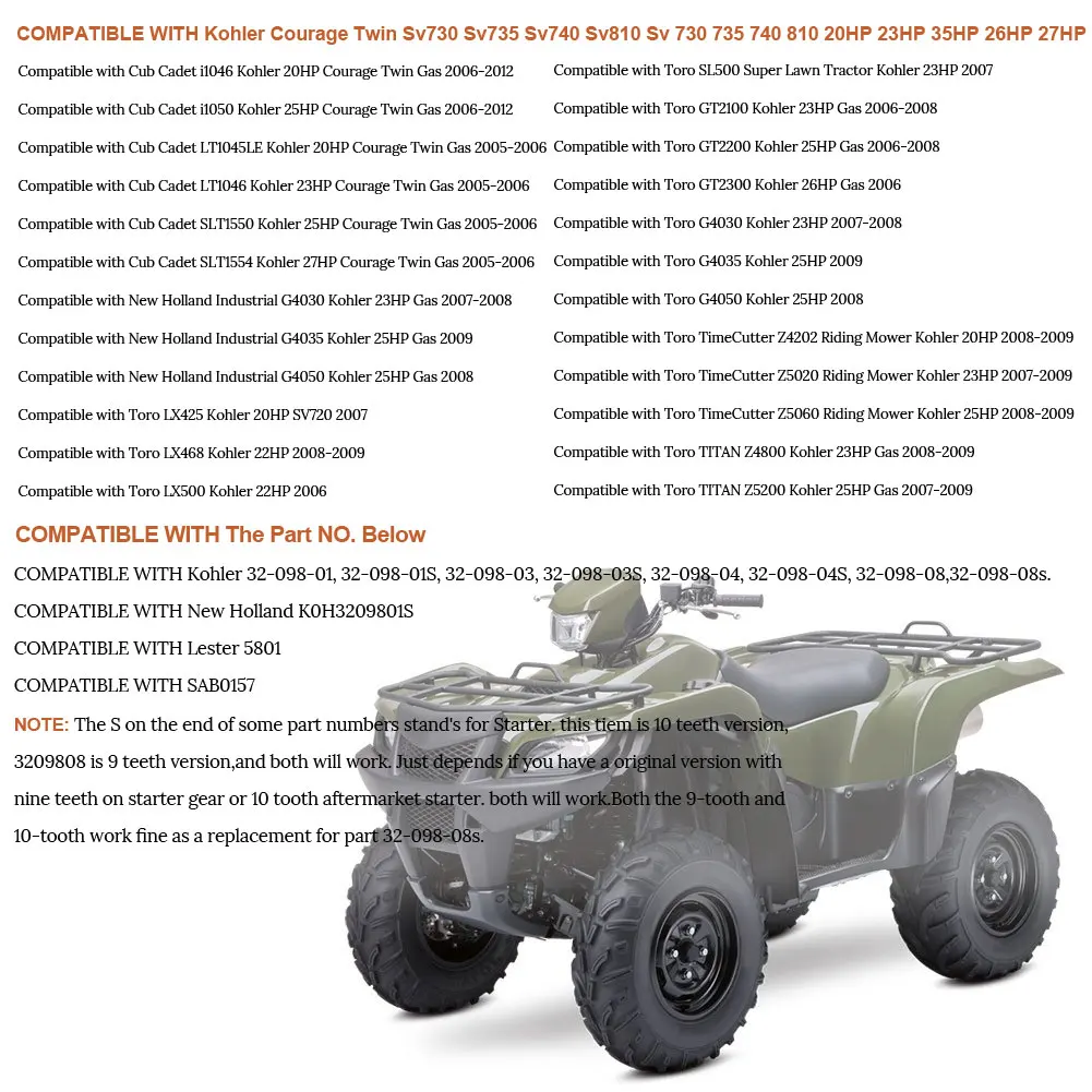 10 Teeth Starting Motor For Cub Cadeti1046 Kohler 20HP Courage Twin Gas 2006-2012 For Toro SL500 Super Lawn Tractor Kohler 23HP
