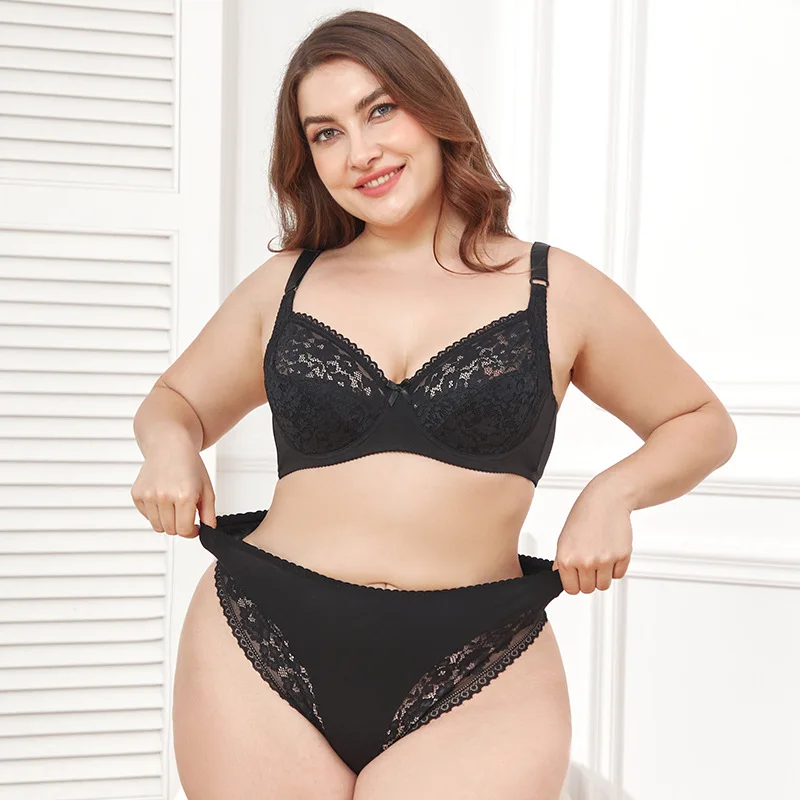 

Large size lace bra set women's sexy thin cup underwear light medium and low waist thong