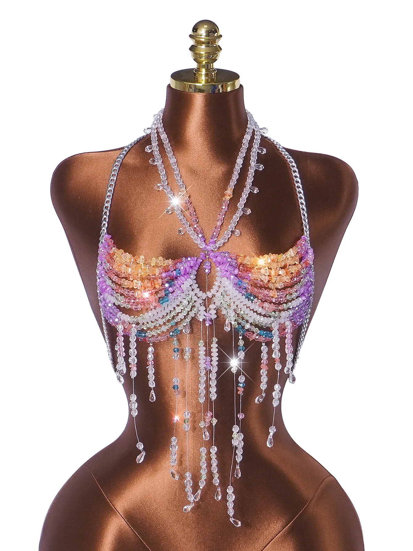 Sexy White Crystal Hanging Neck Chest Chain Women'S Transparent Body Chain Top Vest Tassel Vest Short Bikini Chest Decoration