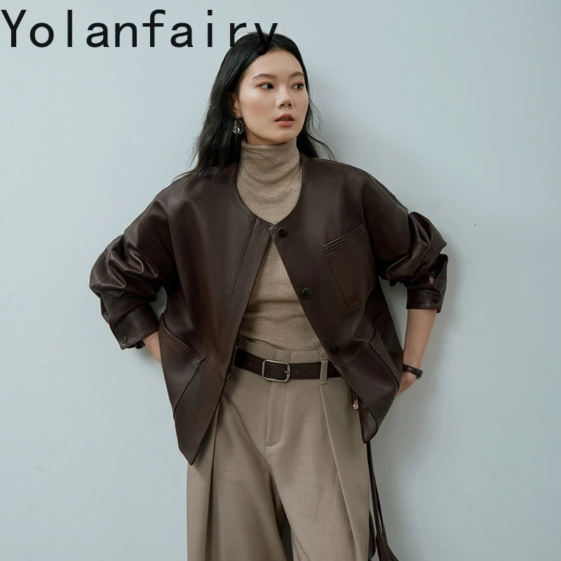 YOLANFAIRY High-end Real Sheepskin Coat Woman 2026 Fashion Luxury 100% Genuine Leather Jacket Women O-neck Elegant Leather Coats