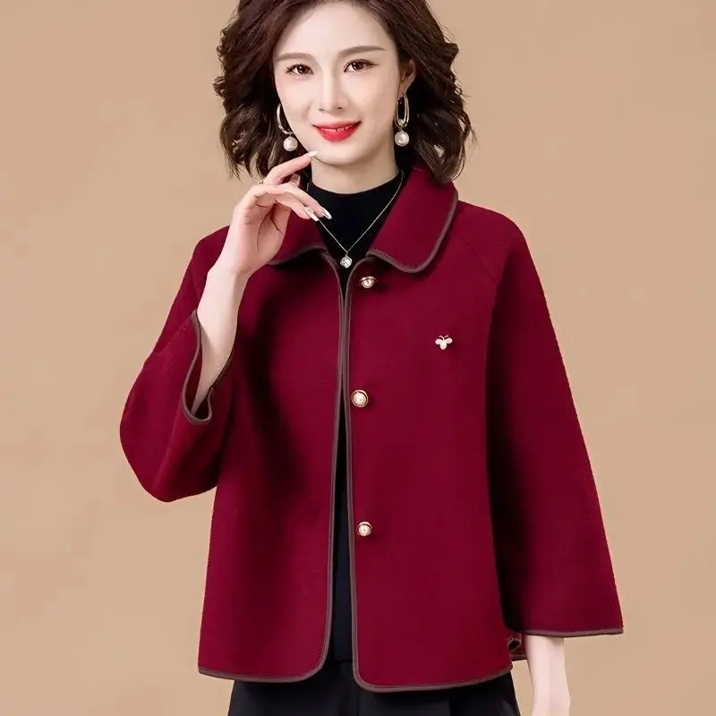 

2023 Autumn New Mom Clothes Reversible Woolen Coat Women High-End Fashion Loose Short Oucoat Female Casual Solid Color Outerwear