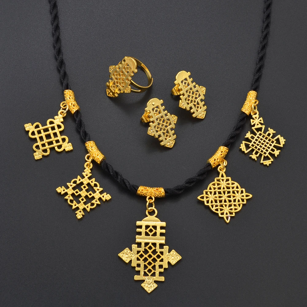 Anniyo Ethiopian Cross Pendant Black Rope Earrings Ring Sets African Eritrean Religion Wedding Party @343806