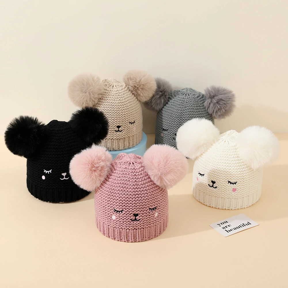 

Thick Winter Hat Baby Knitted Wool Hat Double Ball Bear Baby Beanies For Kids 0-12 Month