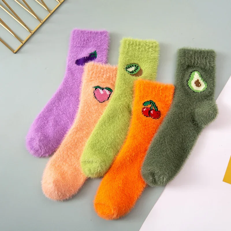 Ladies Fashion Warm Avocado Cherry Eggplant Floor Sleep Sock Kawaii Women Fruit Fluffy Socks Thermal Fuzzy Socks Female