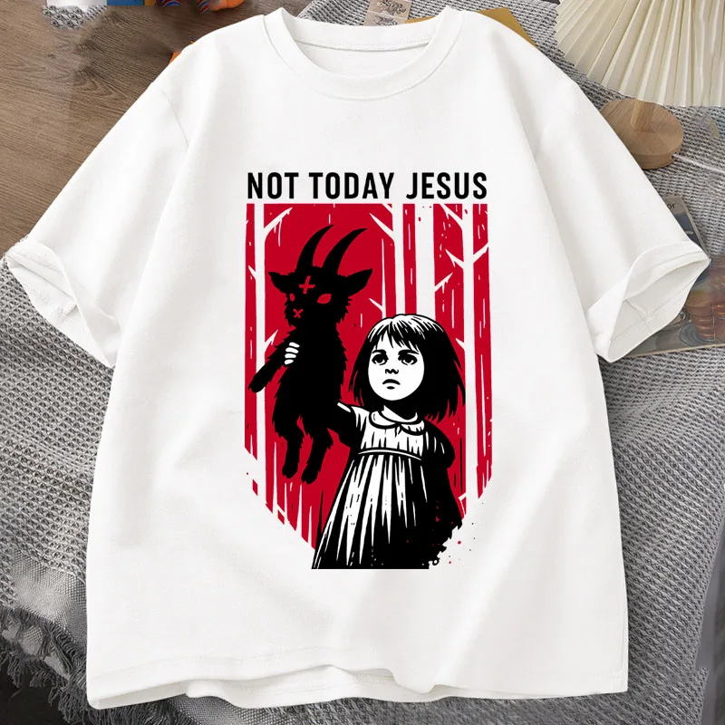 Herren Gothic Grafik-T-Shirt - "Not Today Jesus" Distressed Roter Aufdruck Lässiges Rundhals-T-Shirt für Outdoor und Familienausflüge – Detail 2