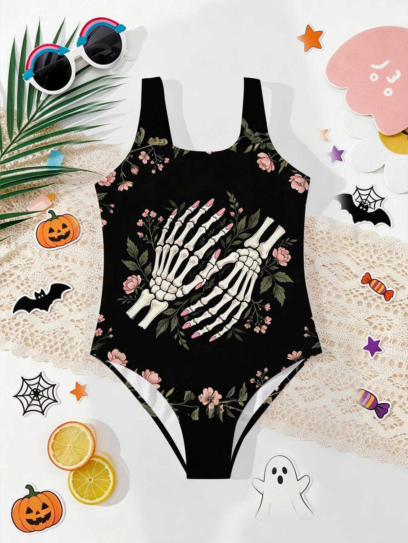 Girls' Summer Halloween Atmospheric Hand Bone Fashionable Tight One-piece Swimsuit