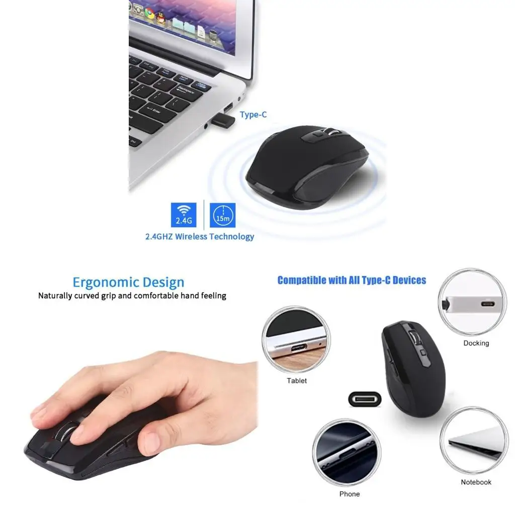 Mouse Gamer Sem Fio 2.4G 2026 com 6 Botões Silencioso USB Tipo C 1200 1600 DPI com Receptor Tipo-C