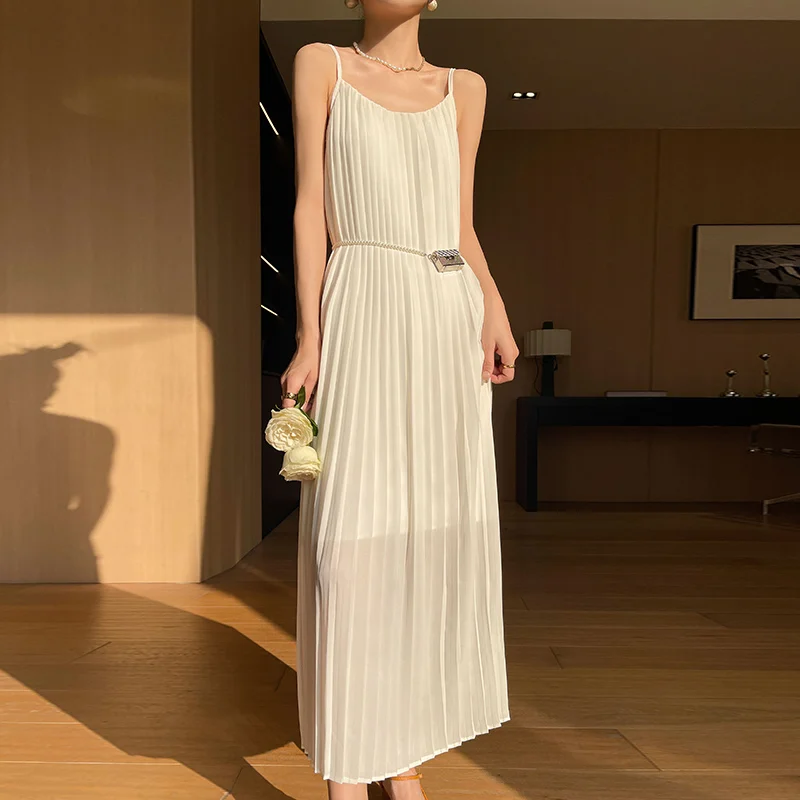 Verão novo dobrado strapl cetim sentir longo dr feminino camada de base emagrecimento na altura do joelho a linha vestido commute cintura alta