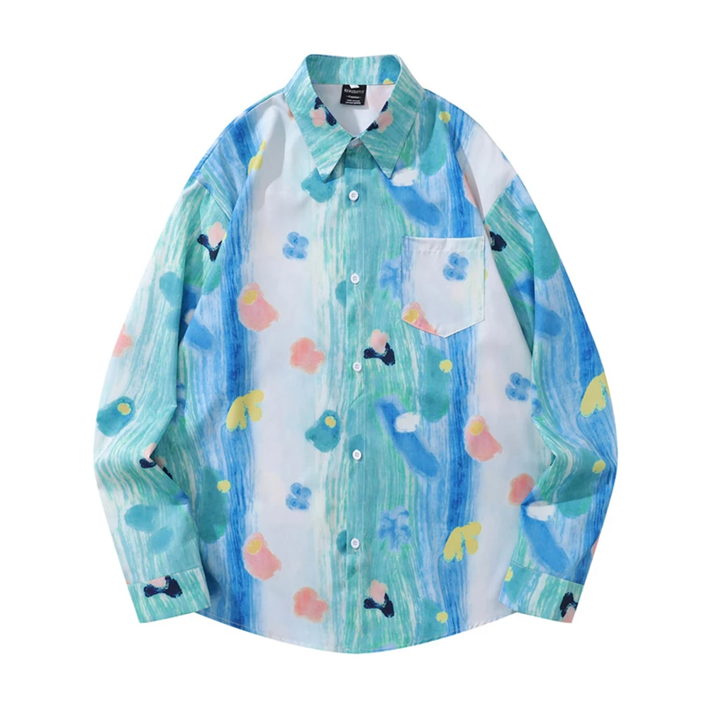 

Flower Printed Mens Shirt Long Sleeve Autumn Turn-down Collar Casual Shirts for Men Blue