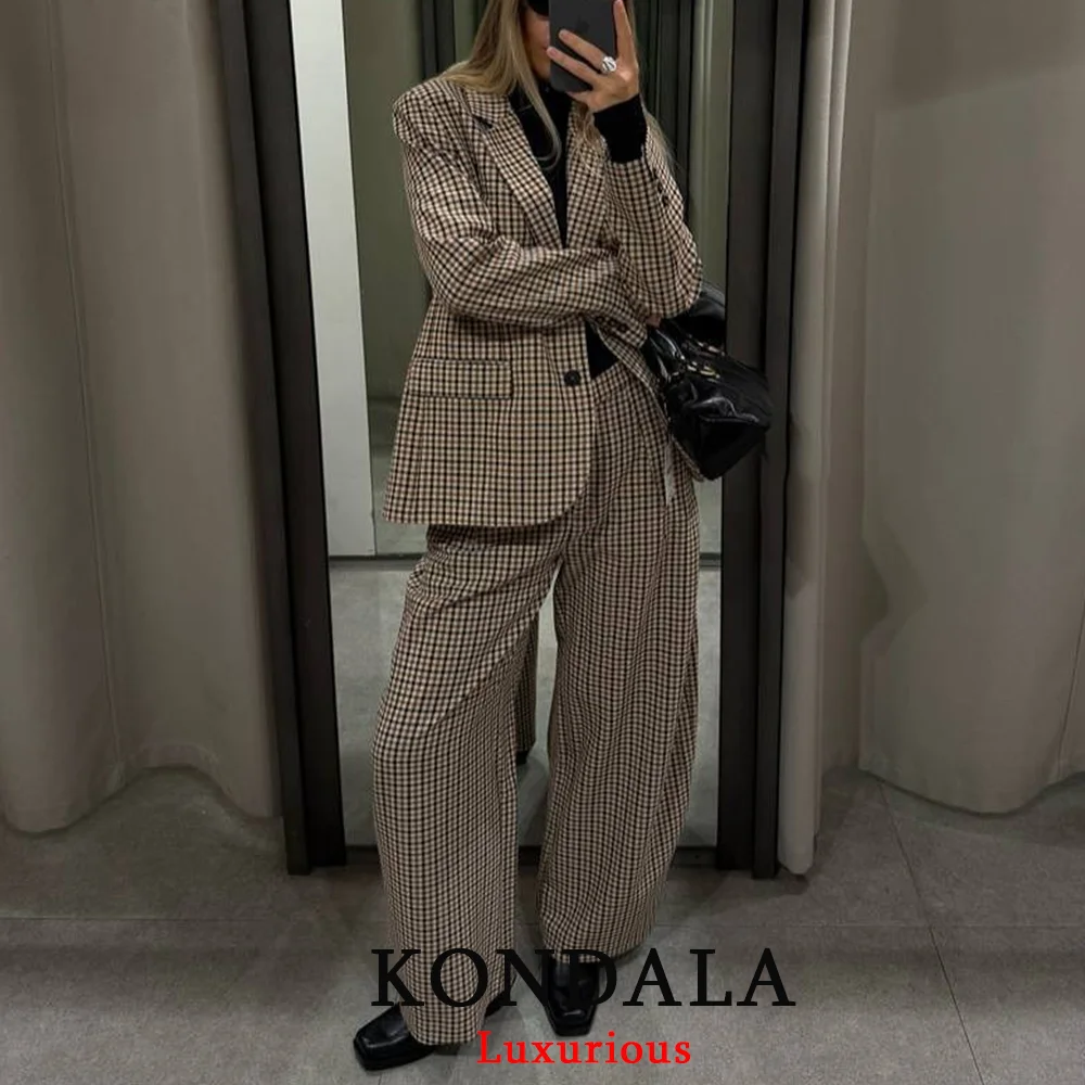 

KONDALA Casual Chic Office Lady Women Suit Plaid Button Long Sleeve Blazer Long Straight Pants Fashion 2025 Autumn Bussiness Set