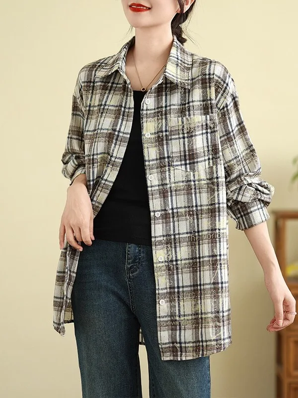 

Retro Plaid Linen irt Women's Autumn Versatile Long Sve Casual Open Cardigan Mid-Length Outerwear Printed Fem