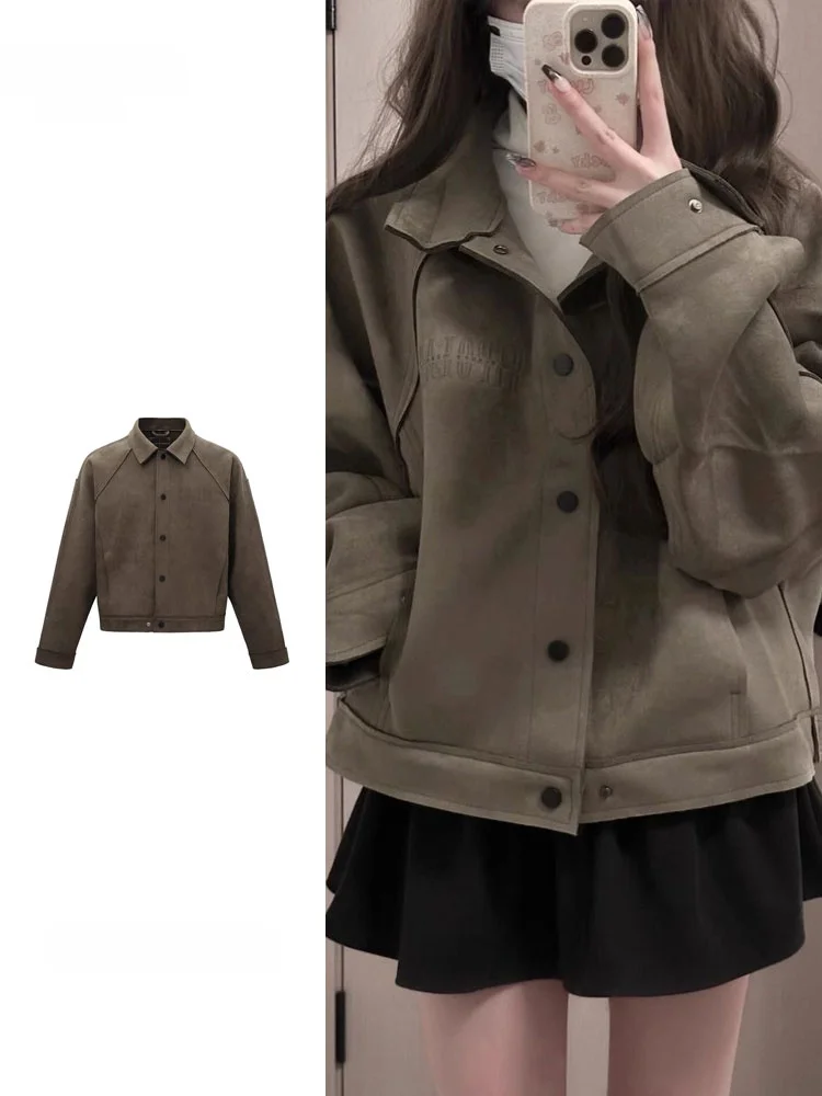 Large Size American High Street Suede Jacket Women's Spring Autumn New Style Loose Collar Biker Top Commute Wind Style