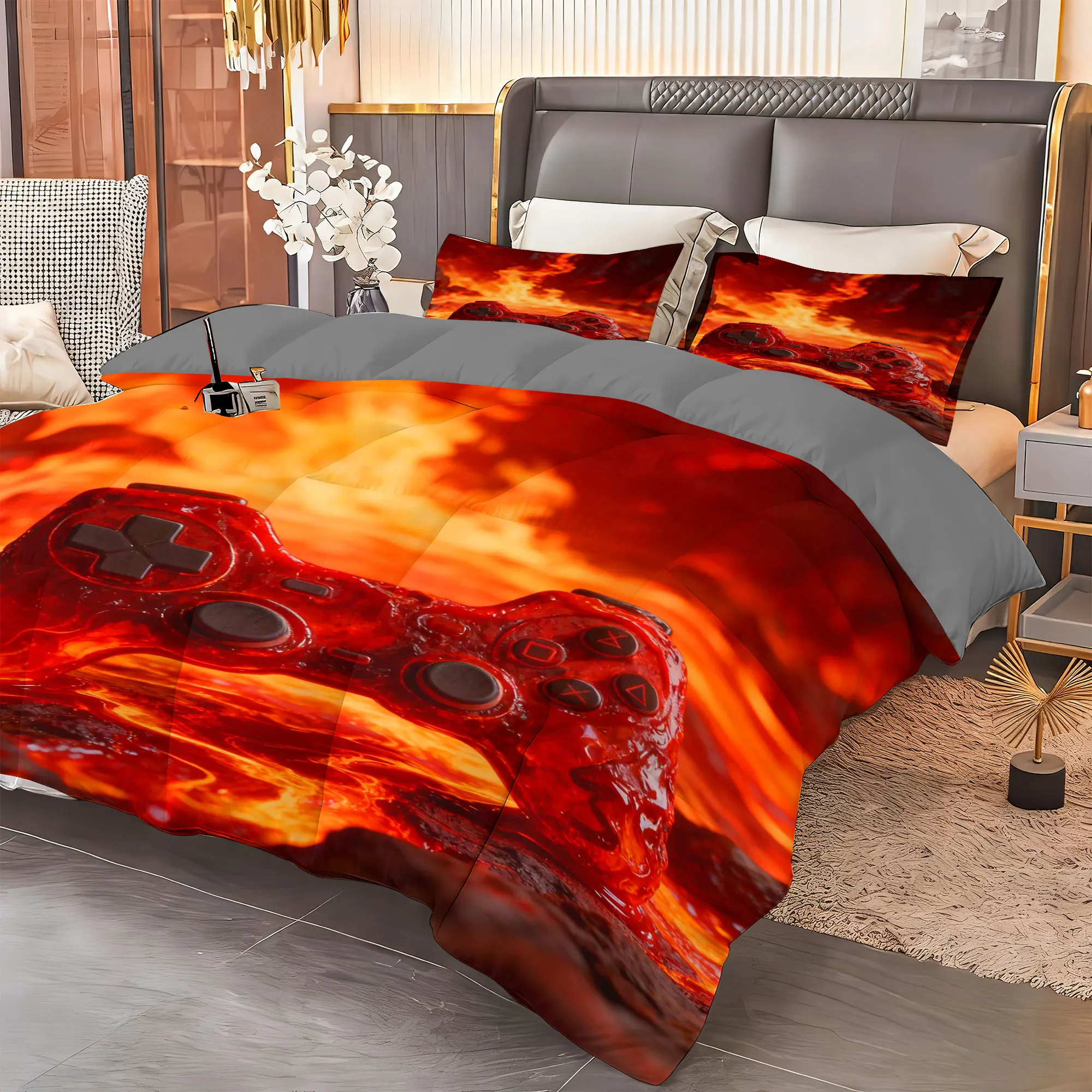 طقم سرير لحاف ألعاب مكون من 3 قطع - قطعة واحدة + 2 قطعة سادات ناعمة قابلة للتنفس للديكور المنزلي (Gamepad 02)