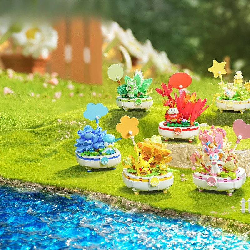 

Kawaii Gardevoir Pikachu Sprigatito, строительные блоки для растений в горшках, игрушки. Кирпичи из частиц, украшение для рабочего стола. Серия подарков на день рождения