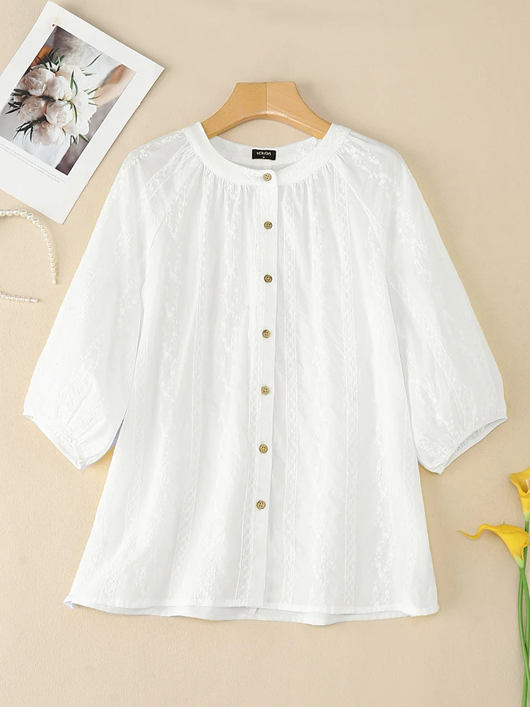 Plus Größe 5XL VONDA Koreanischen Stil Frauen Shirts Mode 3/4 Hülse Tuniken Beiläufige Lose Tops 2025, Einfarbig O Neck Blusas