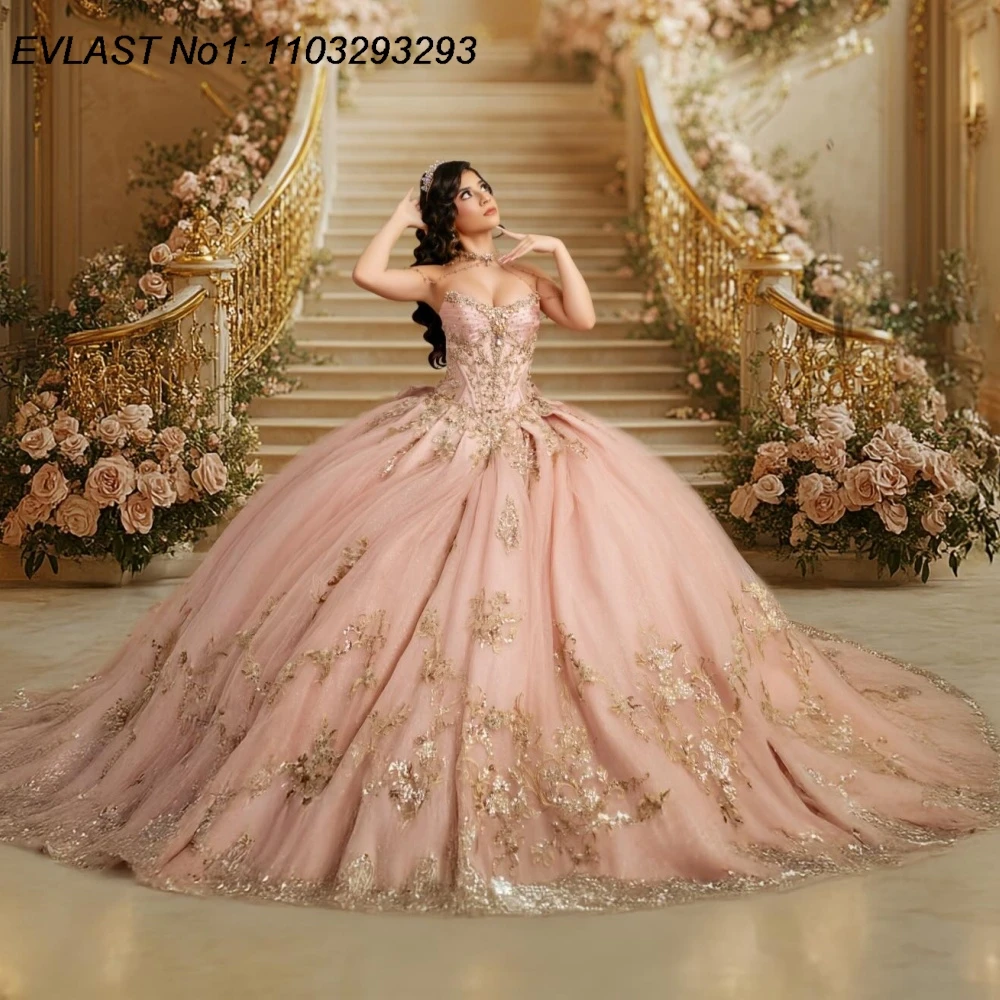 EVLAST Customized Luxury Pink Quinceanera Dress Ball Gown Gold Lace Applique Beading Corset Sweet 16 Vestidos De 15 Anos AQ217