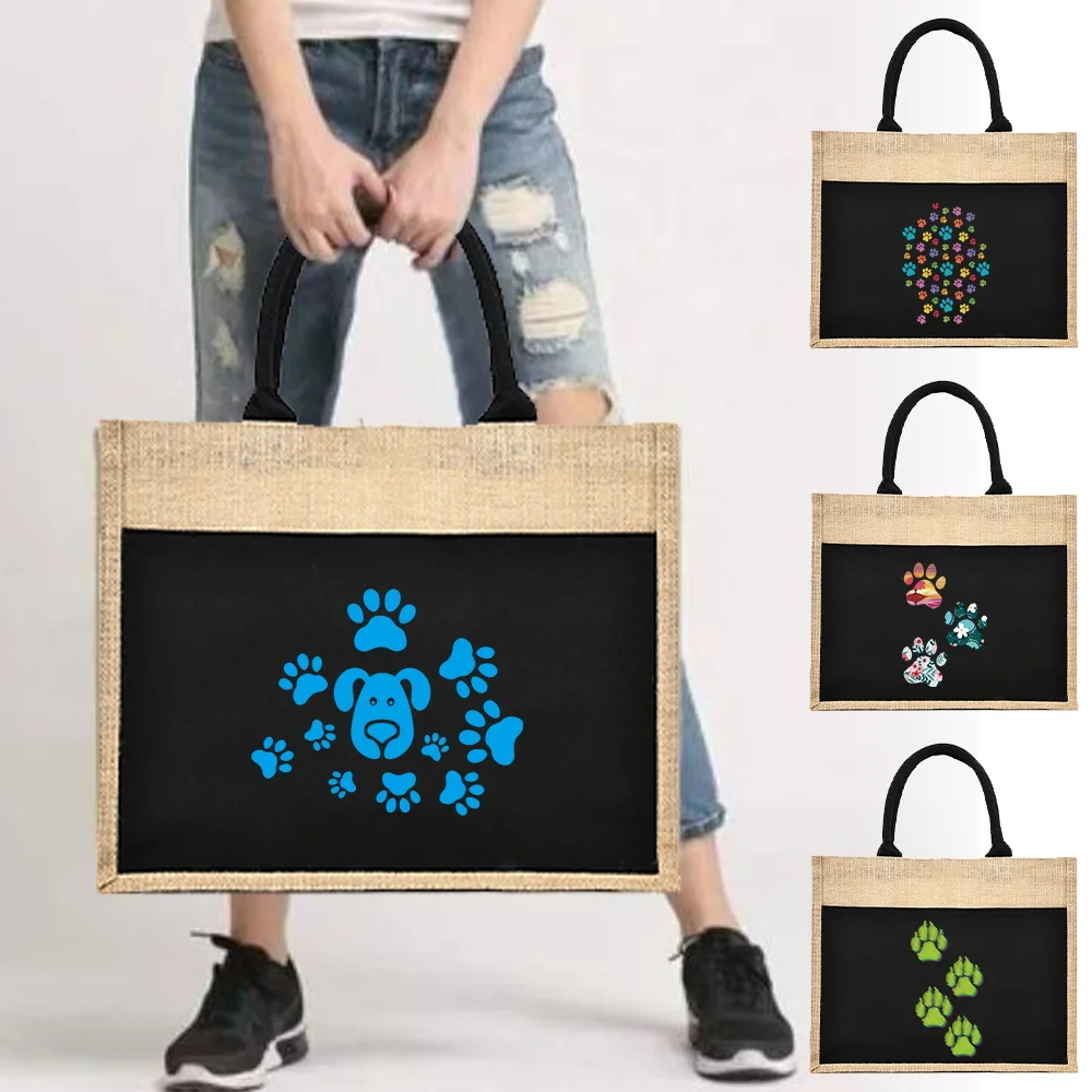 Jute Handbag Shoulder Sacks Jute Imitation Sacks Linen Bags Cute Dog Footprints Women Shopping Pouch Designer Laminated Bags2023