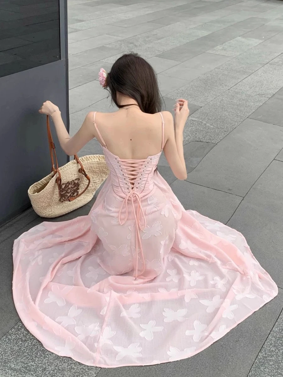 ReddaChic Abito lungo maxi da donna strutturato con fiori ricamati, cinturino per spaghetti, vestibilità svasata, abito da festa con lacci, abiti da sposa