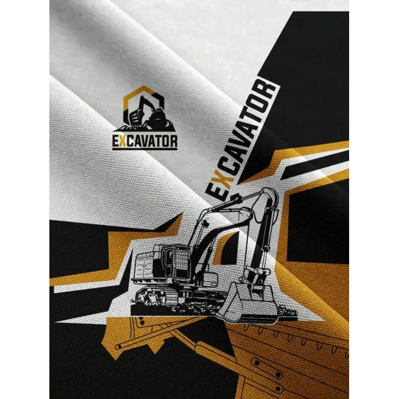 Men's Summer Casual Set With Sketch Print Excavator Design, Crewneck T-Shirt And Matching Shorts With Pocket Two-Piece Set