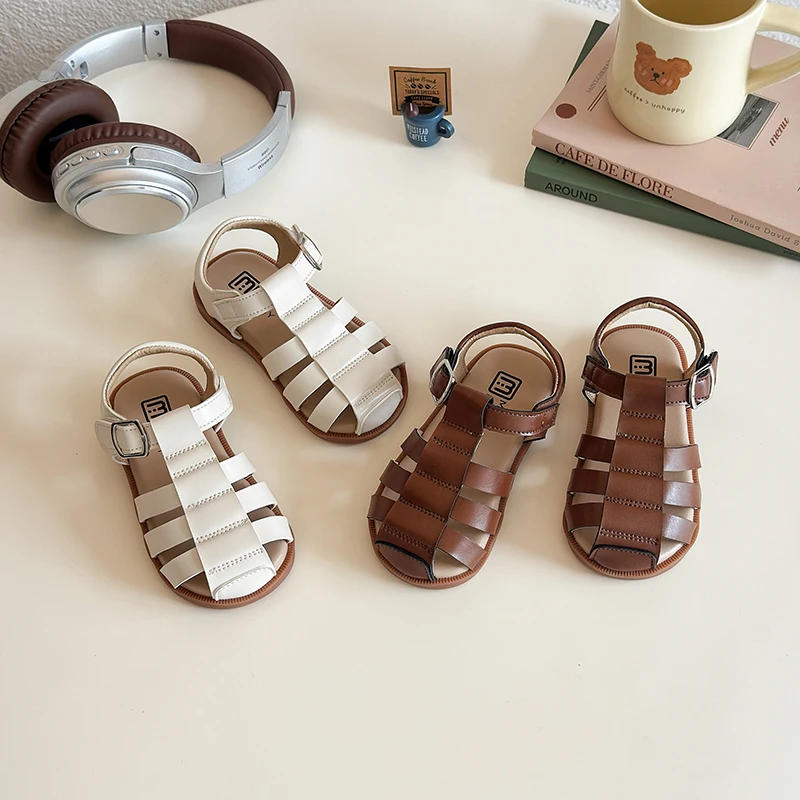 

2025 Summer New Children Roman Sandals for Girls Fashion Korean Style Soft Bottom Non-slip Casual Cut-outs Cool Beach Shoes