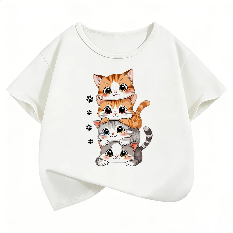 2026 Cat Kids Tshirts Summer Short Sleeve Tees Cartoon Animal Boys Girls Clothes Kawaii Kitten Tops Y2K Children T-shirt