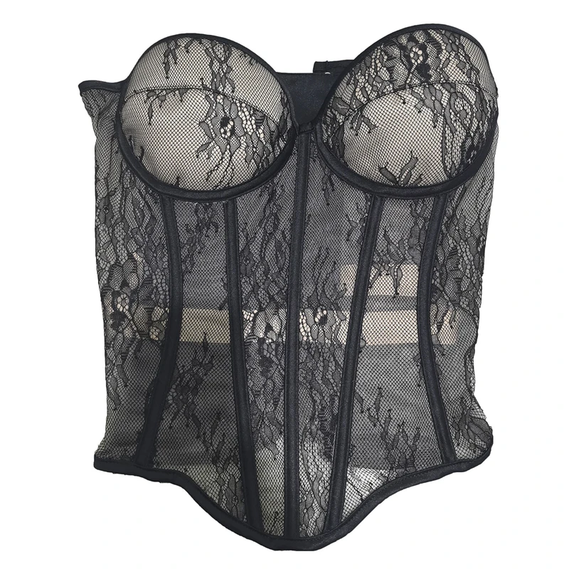 

Woman Lace Up Korset Sexy Hollow Out Strapless Lace Bra Bustier Top Gothic Transparent Mesh Waist Slimming Lingerie White Corset