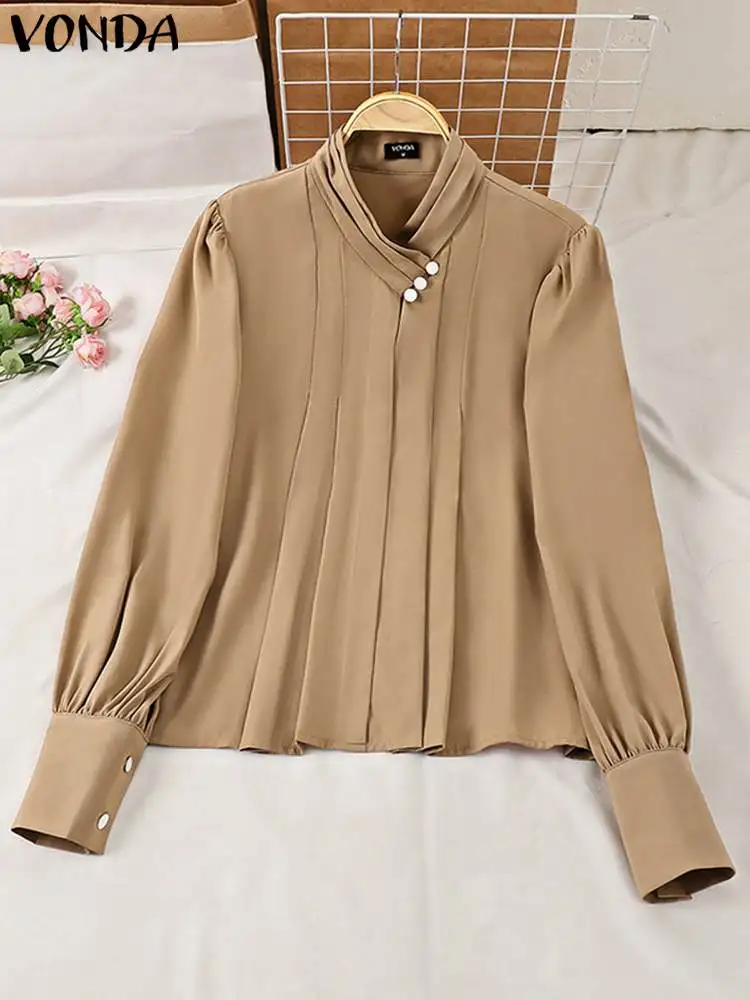 VONDA Oversize Casual Solid Blusas Women Summer Blouse Long Sleeve Tops Shirt American Fashion Elegant Pleated Vintage Tees