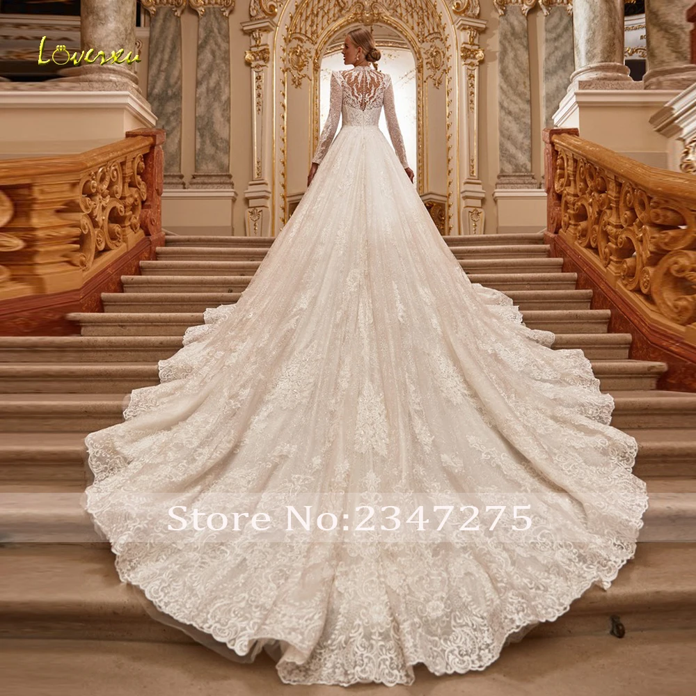 Suknie ślubne Loverxu w kształcie litery A, eleganckie, z wysokim dekoltem, długim rękawem, Vestido De Novia, koronkowe aplikacje, brokat, szyte na miarę suknie ślubne.