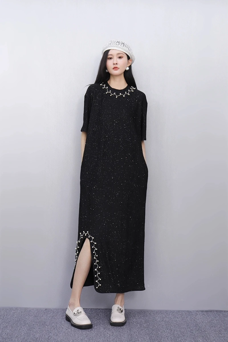 

2025 Summer New Fashion Elegant Black Loose O-Neck Long Dresses Women Short Sleeve Dress Female Wholesale J1012