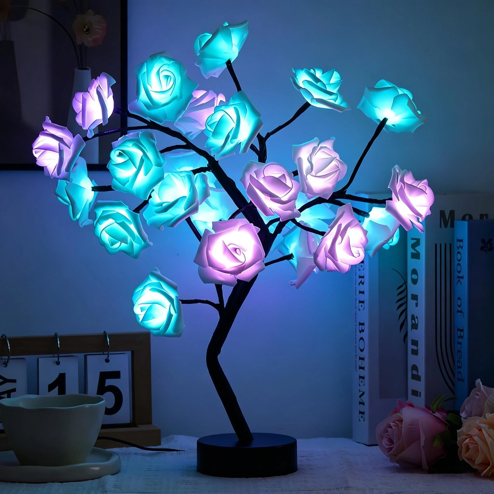 LED Rose Tree Table Lamp USB/Battery Powered Artificial Bonsai Flower Night Light for Bedroom Living Room  Valentines Decor