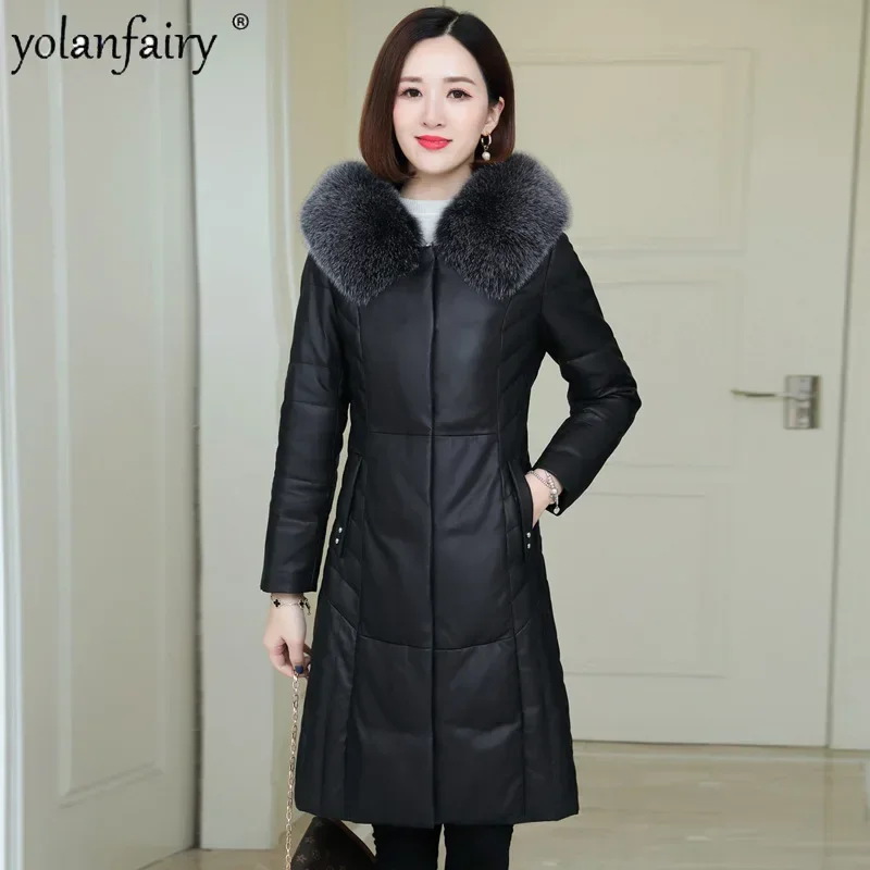 2023 Winter Down Coat Women Genuine Leather Jacket Woman Long Clothes Natural Sheepskin Fox Fur Collar Warm Coats Female Outwear