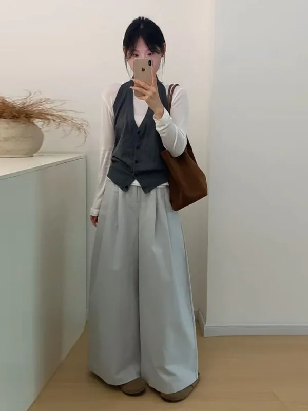 

Korean Fashion Long Sleeve Knitted Shirt Women's Inner Wear Top Casual High Waist Wide Leg Pants Three Piece Set