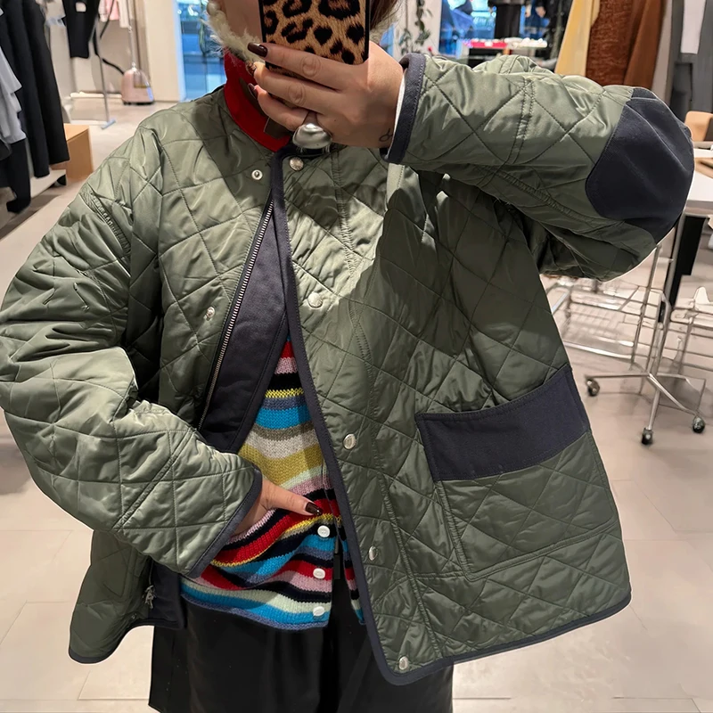 

Легкий свободный женский хлопковый джет со съемным меховым воротником в стиле пэчворк с ромбовидной строчкой на осень-зиму