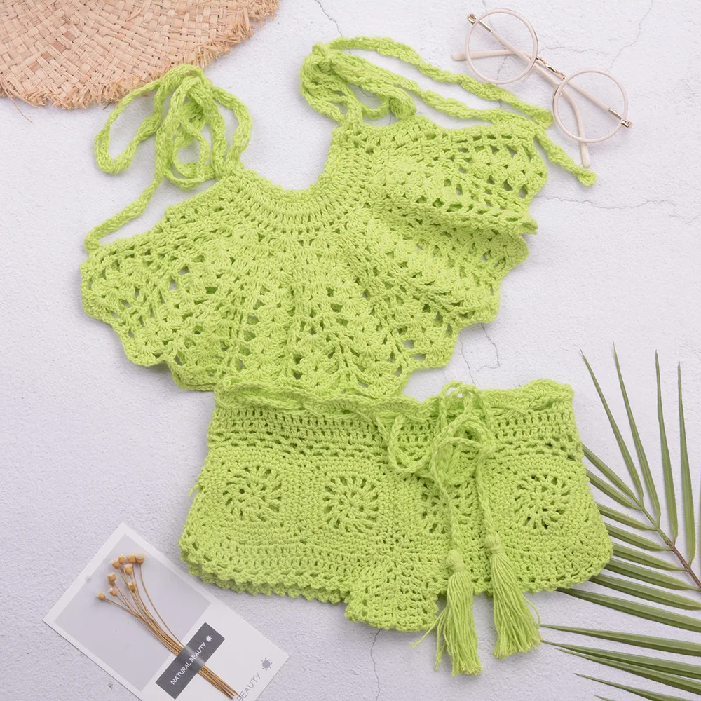 Handmade Crochet Suspenders Strappy Vests Wrapped Chest Swimsuits Children\'s Bikini Split Sets Mid-to-child Models