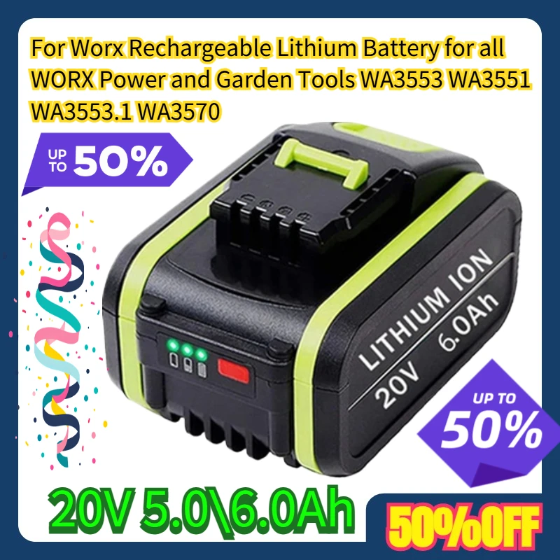 

For Worx 20V 6.0Ah Rechargeable Lithium Battery for all WORX Power and Garden Tools WA3553 WA3551 WA3553.1 WA3570