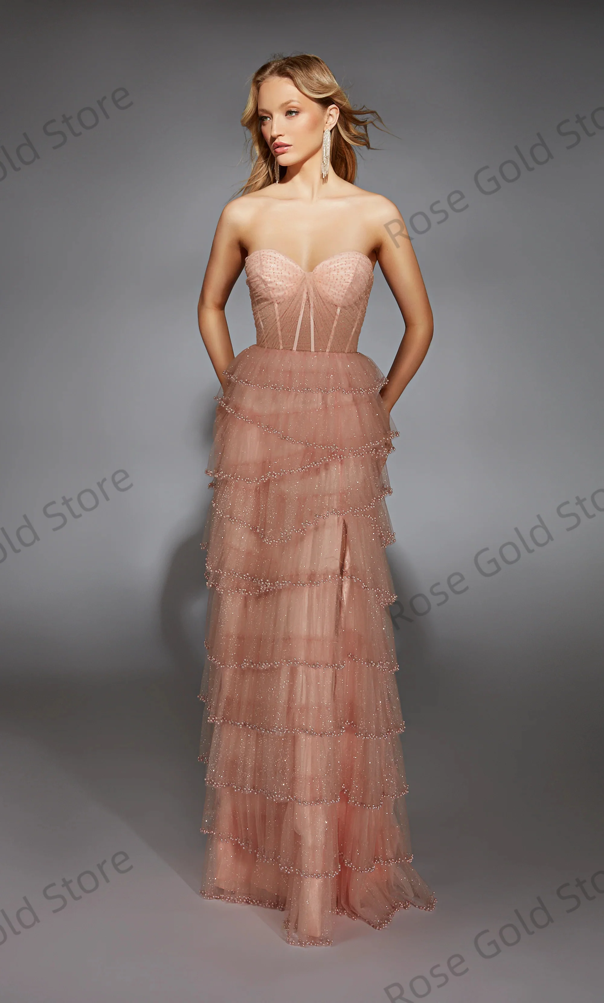 Princesa luz rosa vestidos de baile uma linha querida brilhante vestidos de noche em camadas lantejoulas personalizado vestidos de festa de baile