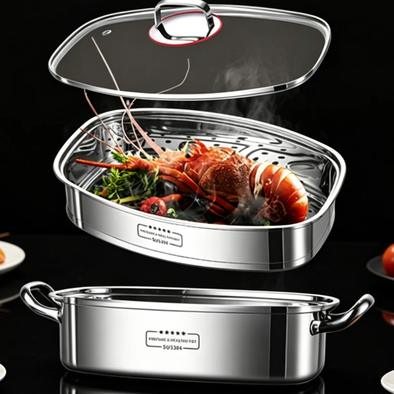 304 Stainless Steel Fish Steamer Pot Large Capacity Rectangular Cooking Pan with Steam Rack Glass Lid for Home Kitchen 찜솥 view 5